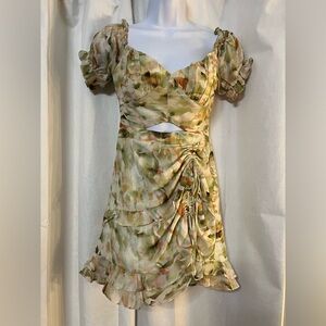Selfie Leslie Linka Drawstring Detail Cut-Out Dress Watercolor Print Green XS